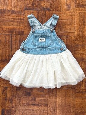 OshKosh B'gosh 18 Months Light Blue Denim Overall Dress with Ivory Tulle Skirt